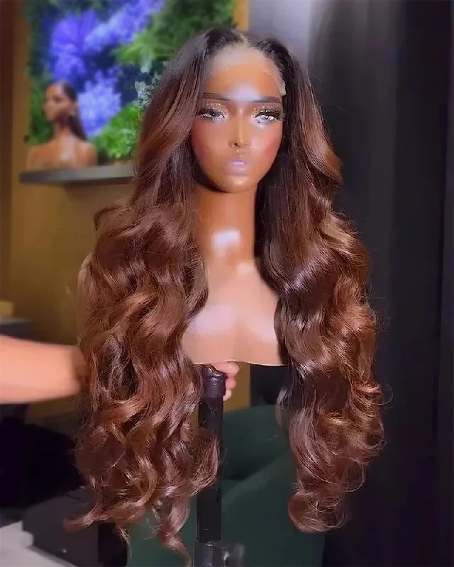 Lace wig with a wavy texture for a beachy lookPre-Cut 6x5 Lace Ombre Cinnamon Brown Colored Loose Body Wave Glueless Human Hair Wig