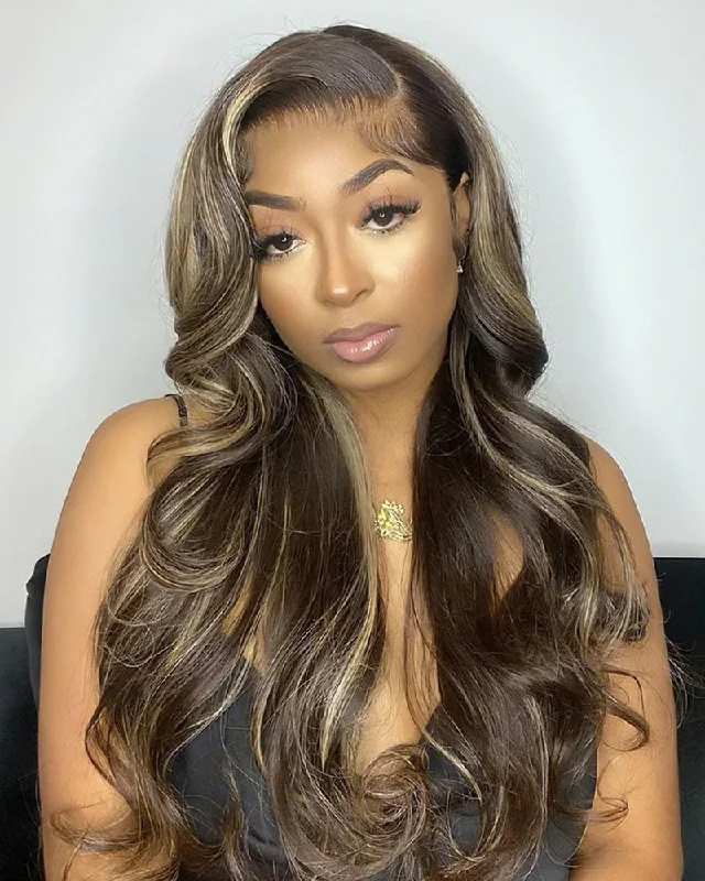 Adjustable - cap lace wig for a comfortable fitBalayage Highlights Body Wave Human Hair Wig - Real Glueless 13x4/6x5 Pre-Cut Lace Front Wig