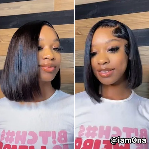 Lace wig with a wispy fringe for a soft and feminine lookShort Bob Wig Straight Human Hair Glueless 5x5 13x4 HD Lace Bob Wig