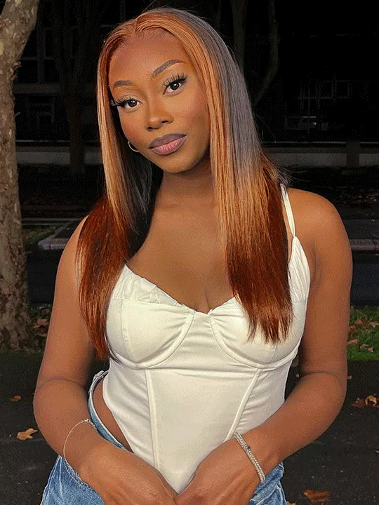 Colored wig with a red - orange hue for a warm and energetic lookKisslove Zip & Go Magic Lace Highlight Wig 13x4/ 6x4.5 Replaceable Lace Front Wig Bone Straight Human Hair Wigs