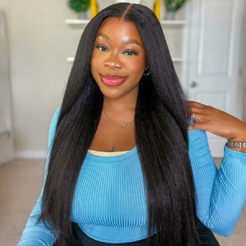 Lace wig with a 13x4 lace frontal for a wide - parting areaWear And Go Kinky Straight 6x5 Pre Cut HD Lace Glueless Wig Pre Bleached Knots