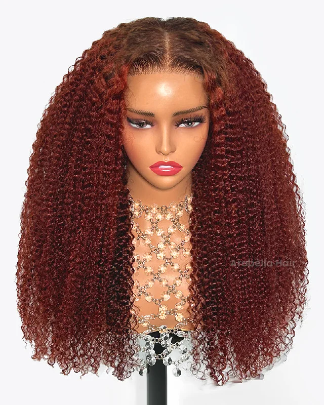 Lace wig with a side - part for a more flattering look6x5 Afro Curly Easy-Wear Glueless Pre-Cut Lace Ombre Brown Color With Reddish Brown Colored Bleached Knots Middle Part Human Hair Wigs