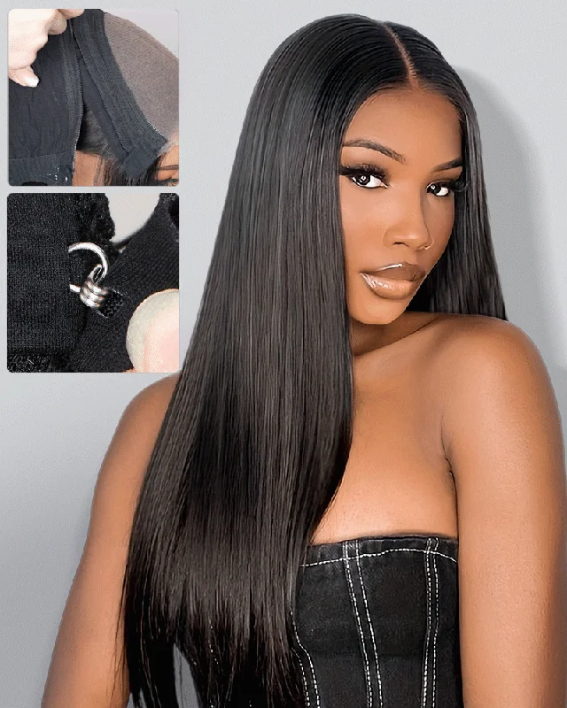 Lace wig with a 13x4 lace frontal for a wide - parting areaZIP&Mix-All Wigs | Straight Natural Black Glueless 6x5 Pre-Cut Lace Wig With Optional Replaceable Tops