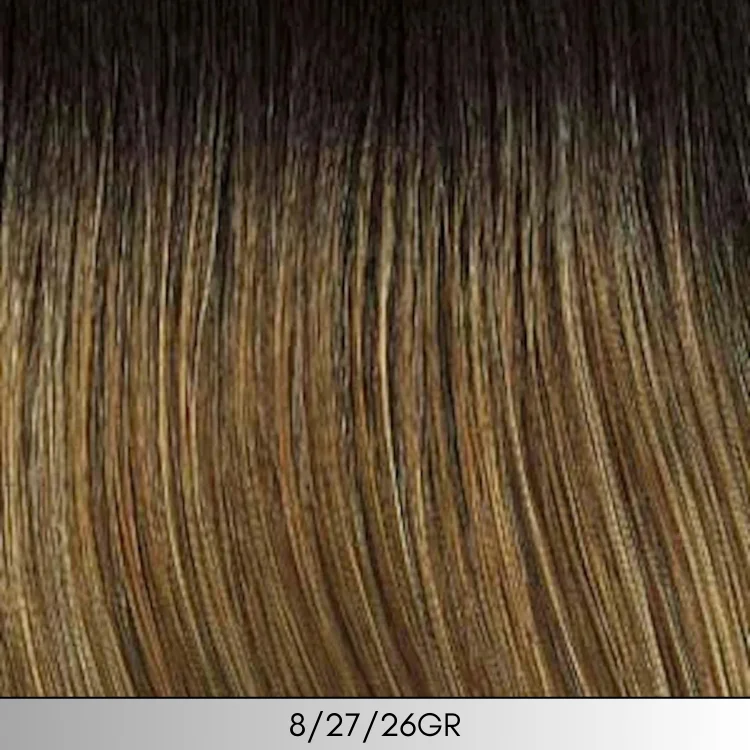 8/27/26GR - Medium brown with strawberry & gold blonde highlights and medium dark brown roots