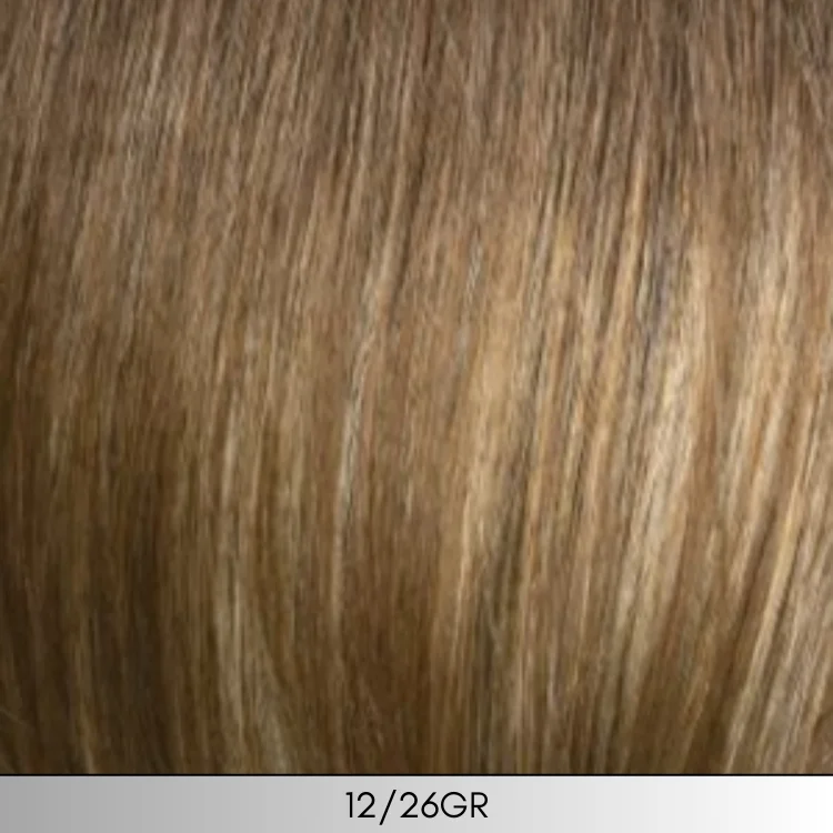 12/26GR - Light golden brown with light blonde and gold blonde highlights and medium brown roots